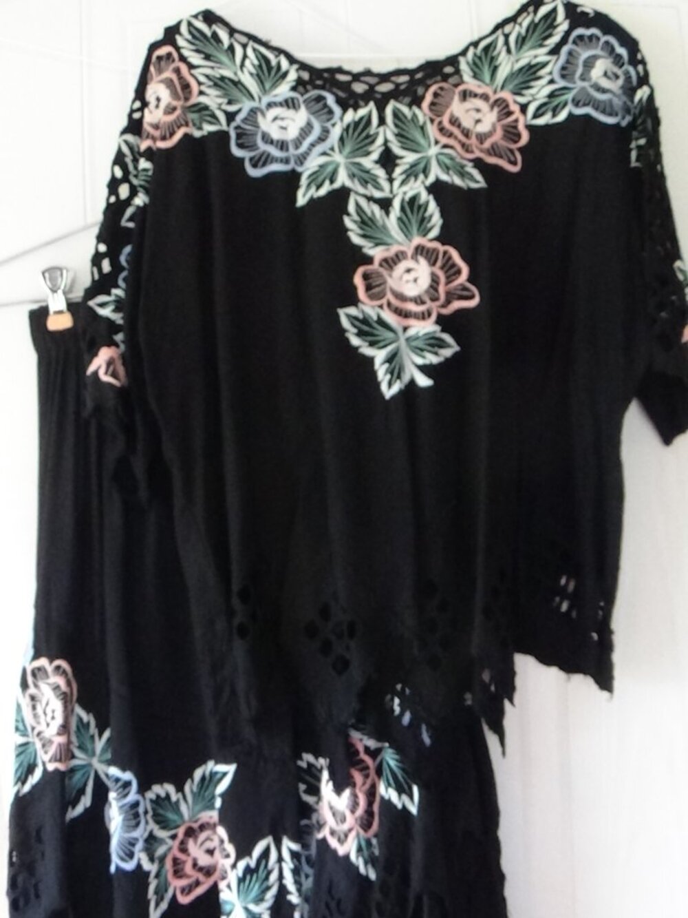 1980's Vintage Bali Emerald 2 pc Black Embroidered Top & Skirt- OS